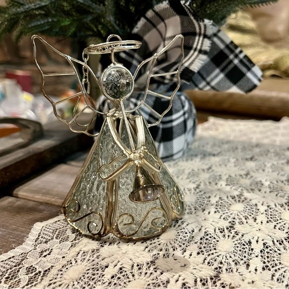 Vintage Clear Textured Stained Glass Angel With a Horn Christmas Angel Ornament - Picture 1 of 9